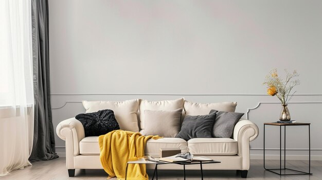 Scandinavian sofa with pillows and dark yellow blanket in bright living room interior AI Generative