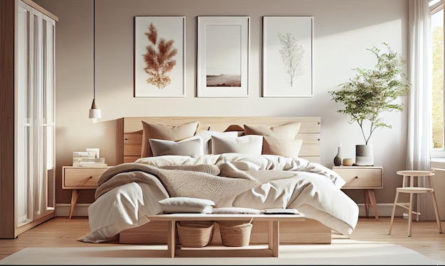 Scandinavian style bedroom mockup in beige tones generative AI