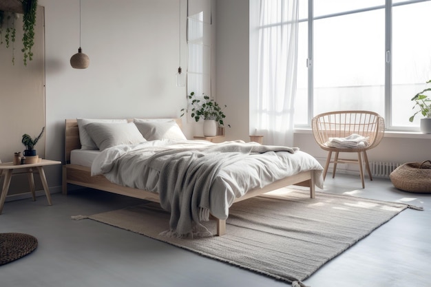 Scandinavian Style Bedroom With Minimalist Design Featuring Simple Bed Frame Clean Lines And Cozy Blankets Generative AI