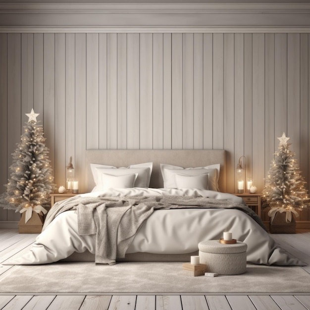 スカンジナビア スタイルのクリスマス インテリアは、居心地の良い家具ランプと高級ベッドを備えた壁の装飾をモックアップします。