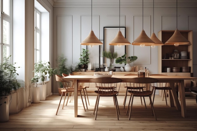 Scandinavian Style Dining Room With Wooden Table Modern Chairs And Simple Pendant Lighting Generative AI