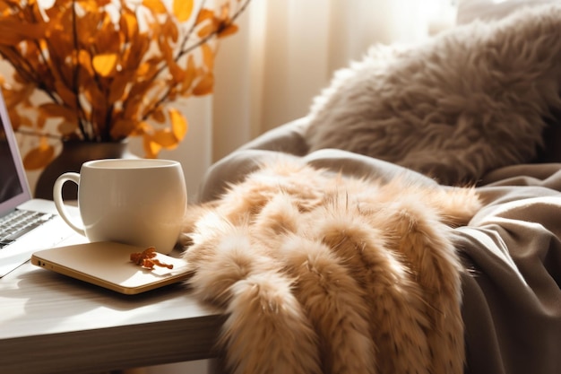 Scandinavian style interior with a fur throw draped over the chair a cup of hot tea and a notebook Generative AI illustration