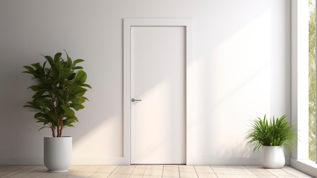 Scandinavian style interior with wooden door white space and indoor plants