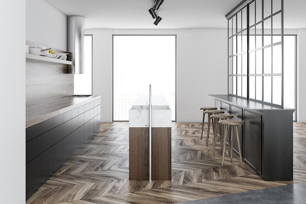 Foto interiore della cucina in stile scandinavo con pavimento in legno, pareti bianche, controsoffitti grigi e finestre a soppalco. rendering 3d mock up