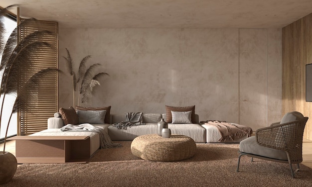 Дизайн гостиной в скандинавском стиле с декором в стиле бохо, макет стены в коричневом интерьере, 3d иллюстрация