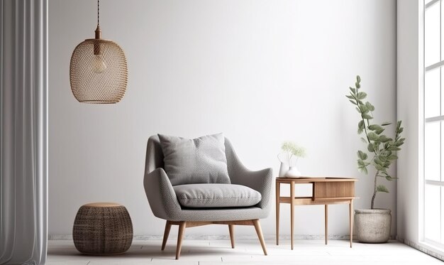 Scandinavian style living room with grey fabric armchair golden lamp and plants against an empty white wall 3d rendering generative AI