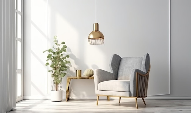 Scandinavian style living room with grey fabric armchair golden lamp and plants against an empty white wall 3d rendering generative AI