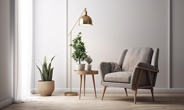 Scandinavian style living room with grey fabric armchair golden lamp and plants against an empty white wall 3d rendering generative AI