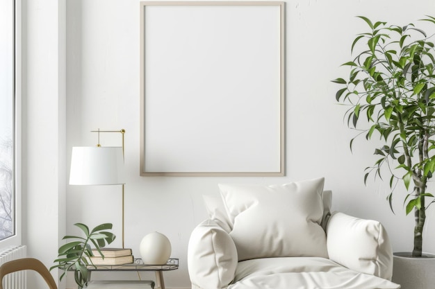 Photo scandinavian style living room with poster mockup created with generative ai