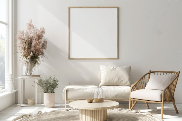 Scandinavian style living room with poster mockup created with generative ai