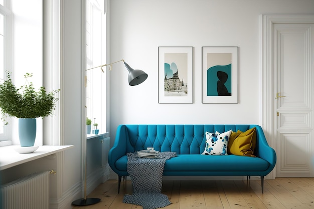 Scandinavian style living room with white walls and a bright blue sofa on a wood floor