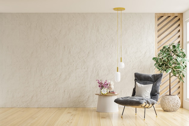 Гостиная в скандинавском стиле с креслом на фоне пустой белой стены. 3D визуализация