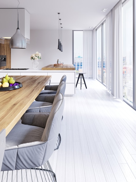 Scandinavian styled dining room and open plan kitchen with city outlook. 3d rendering