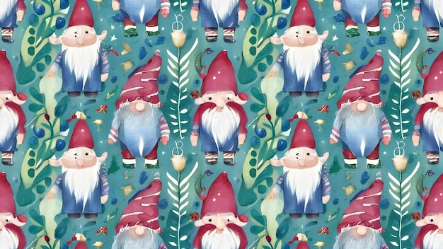 Scandinavian trolls gnomes watercolor illustration seamless pattern christmas illustration