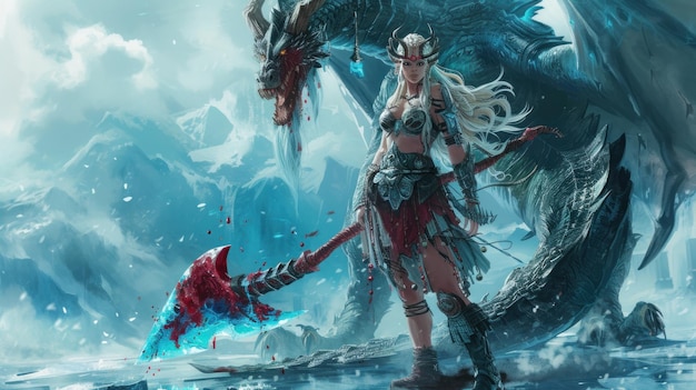 Photo scandinavian valkyrie woman concept with dragon in the background ai generated image