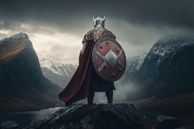 A Scandinavian Viking in chain mail and a helmet stands on a cliff peering into the distance