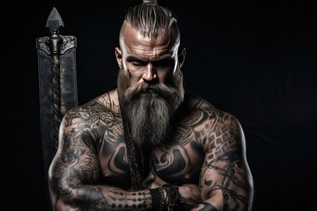 Scandinavian Viking warrior holding an ax and a shied Generative ai