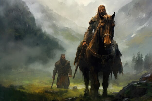 Scandinavian Viking warrior holding an ax and a shied with horse in misty landscape Generative ai