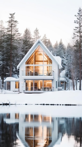 Scandinavian Villa with SnowCovered Roof and Crisp White Exterior Generative AI