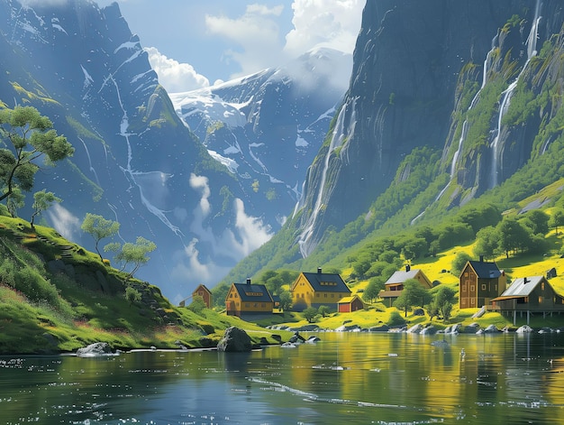 Фото Скандинавская деревня у фьорда, укрытая в природе.