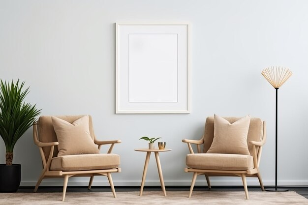ScandinavianInspired Living Room Decor Chair and Decor Mockup Blank Frame in Interior Setting