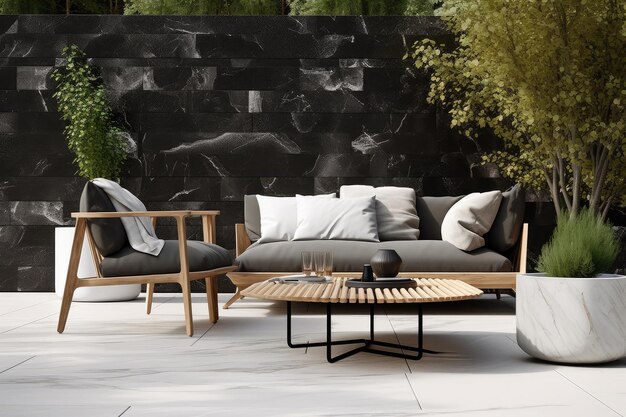 Scandinavianinspired outdoor space with sleek furnishings and natural stone accents