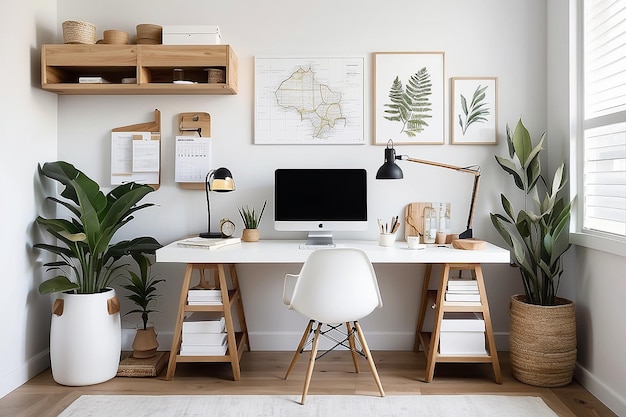 Scandinavianinspired workspace with a clean white desk and natural wood accents