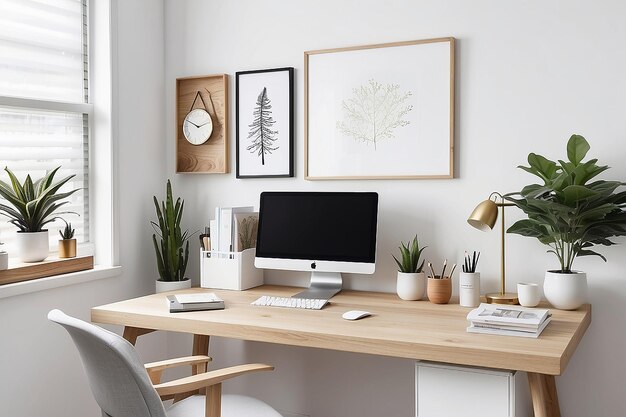 Scandinavianinspired workspace with a clean white desk and natural wood accents