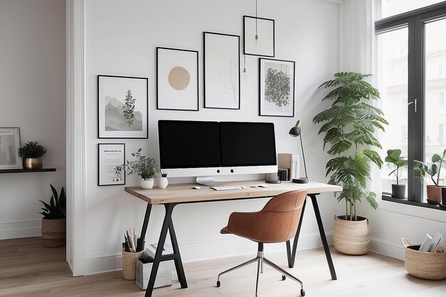 Рабочее пространство скандинавского стиля с стоячим столом и минималистским декором