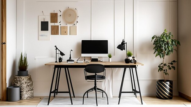 Скандинавское рабочее пространство с стоячим столом и минималистским декором