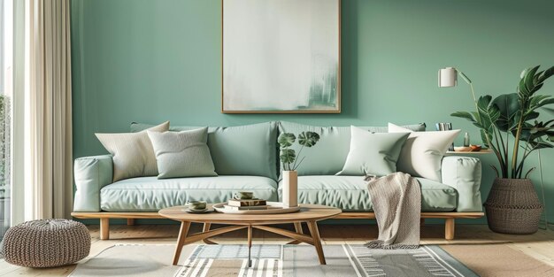 Photo scandinavianstyle living room in pastel mint color