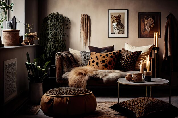 Scandinavisch boho-interieur met accenten in luipaardprint, leren meubels en messing accessoires