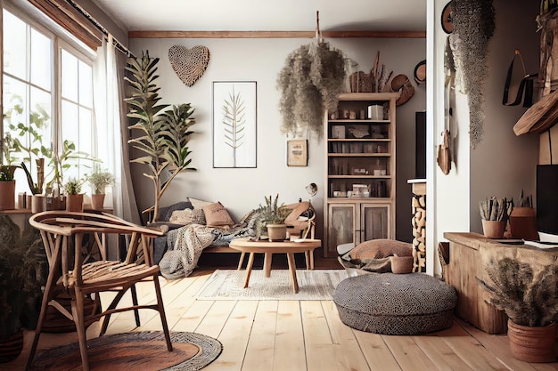 Foto scandinavisch boho interieur met houten meubels en natuurlijke accenten gecreëerd met generatieve ai