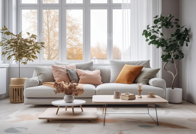 Scandinavisch concept van het interieur van de woonkamer met bank, koffietafel, bloemen in een pot over een gewone muur