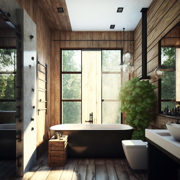 Scandinavisch en minimalistisch badkamerinterieur met houten details generatieve ai
