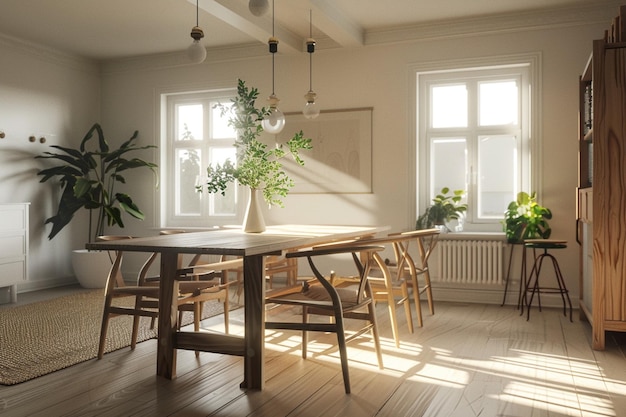 Scandinavisch geïnspireerde eetkamer met natuurlijk hout