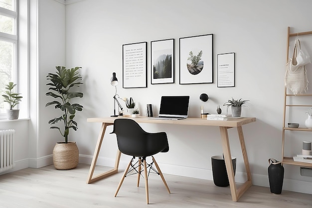 Scandinavisch geïnspireerde werkruimte met een staand bureau en een minimalistisch decor
