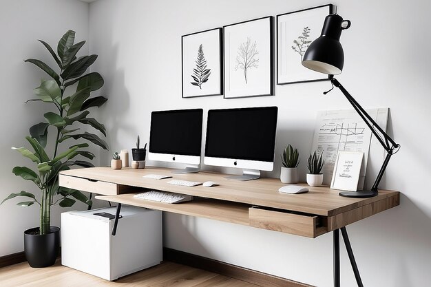 Scandinavisch geïnspireerde werkruimte met een staand bureau en een minimalistisch decor