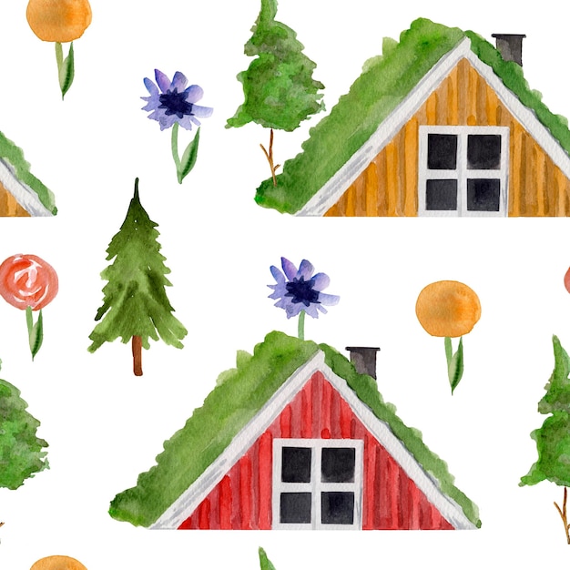 Scandinavisch huis met mosdak aquarel naadloos patroon