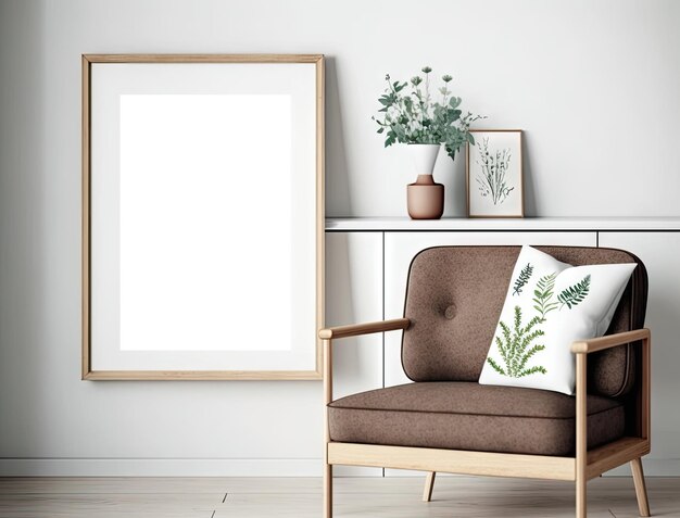 Scandinavisch interieur met enkele bank en mock-up frame aan de muur Generatieve AI