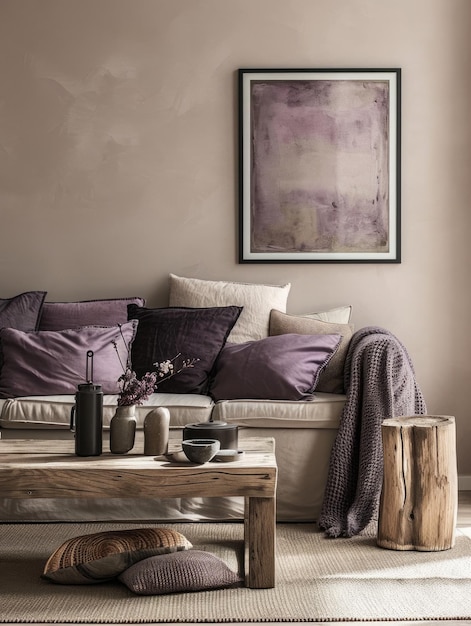 Scandinavisch interieur met rustieke bank, houten koffietafel en violette kussens