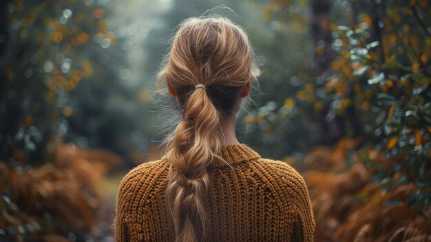 Foto scandinavisch meisje in de natuur in gele trui in het bos van de bergen