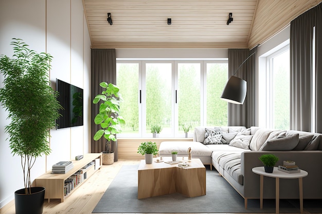Scandinavisch minimalisme in interieurontwerp lichte woonkamer in een studio Panoramaramen met een gezellig ontwerp een grote modulaire bank een gigantische houten lamp een televisie en groen
