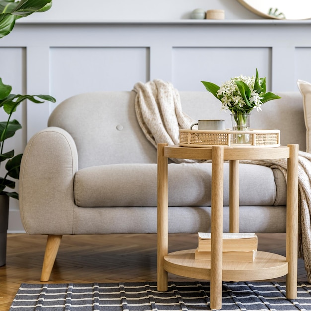 Scandinavisch woonkamerinterieur met grijze designbank, houten salontafel, tropische planten, plank, spiegel, meubels, geruit kussen, theepot, boek en elegante persoonlijke accessoires in woondecoratie.