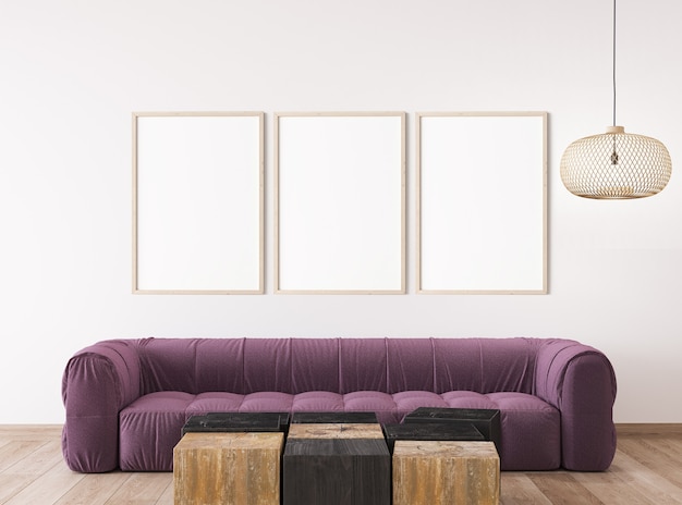 Foto scandinavisch woonkamerontwerp, frame mockup in een helder interieur