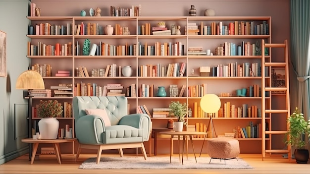 Scandinavische boekenkast met fauteuil in het moderne gezellige interieur van de kamer Huisbibliotheek met boekenplank Generatieve AI