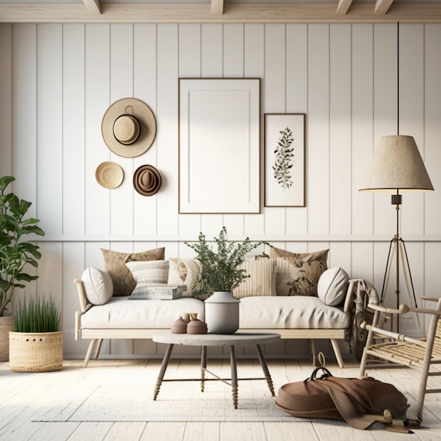 Scandinavische boerderij woonkamer interieur muur mockup Ai generatief