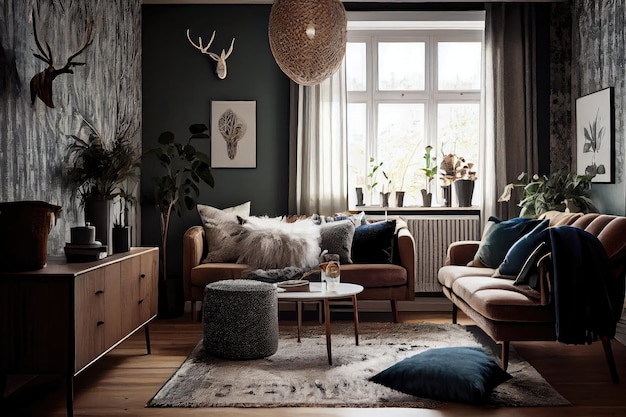 Scandinavische boho-woonkamer met statement behang, strakke meubels en natuurlijke texturen