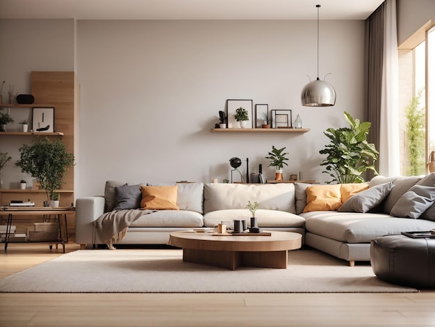 Scandinavische comfortabele woonkamer houten vloer en meubilair