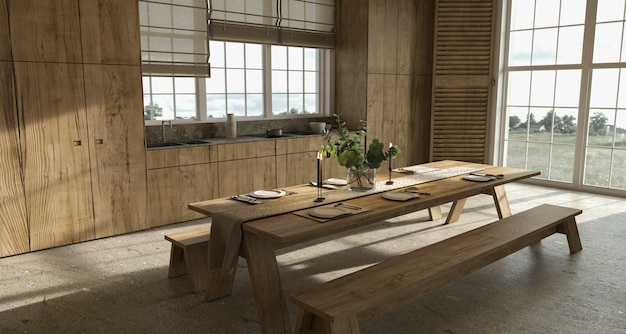 Scandinavische houten keuken in boerderijstijl met eettafel en gerechten 3d render illustratie